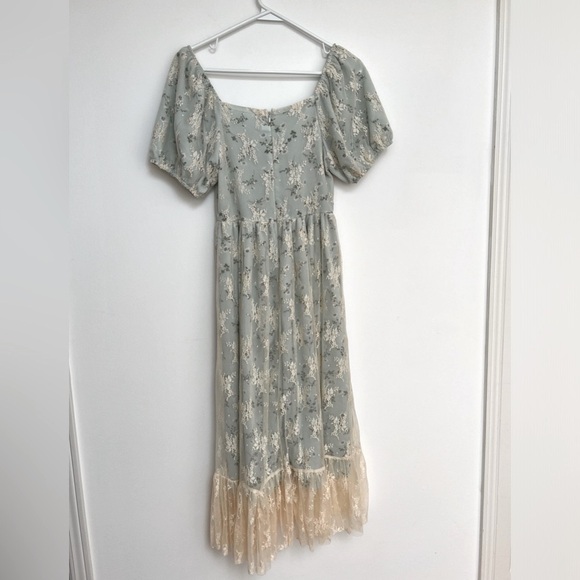 Cottagecore Whimsy Green Forest Fairy Lace Puff Sleeve Romantic Flowy Maxi Dress - Picture 4 of 7